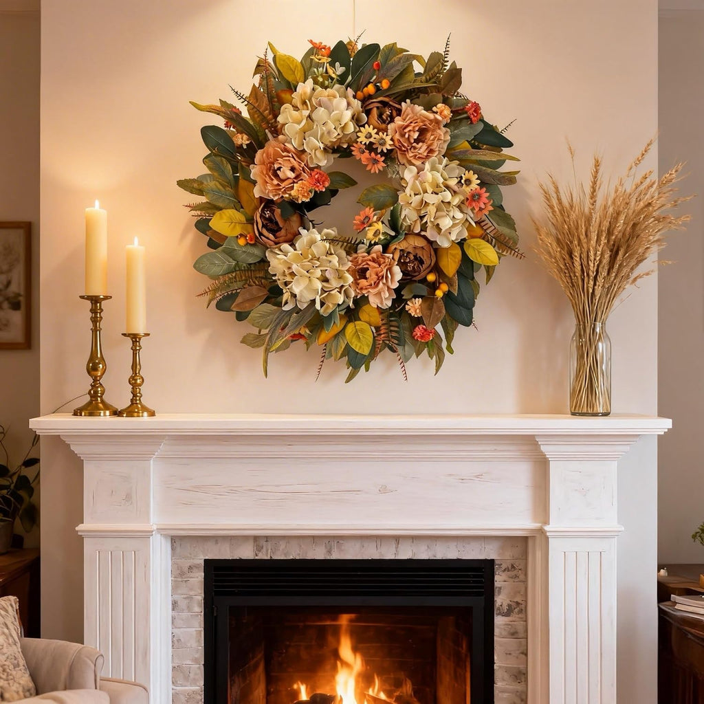 24 Inch Fall Hydrangea Peony Wreath for Front Door