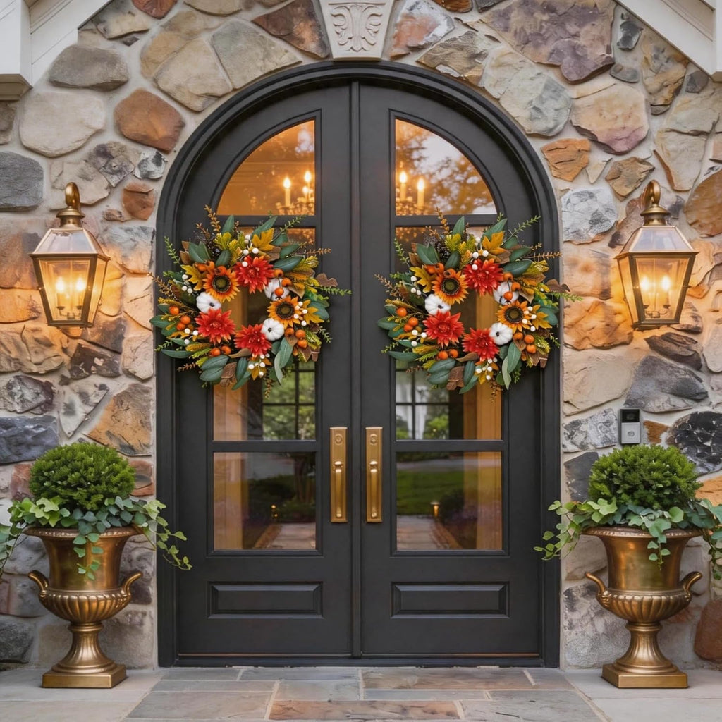 24 Inch Fall Eucalyptus Wreath for Front Door with Dahlia & Sunflower
