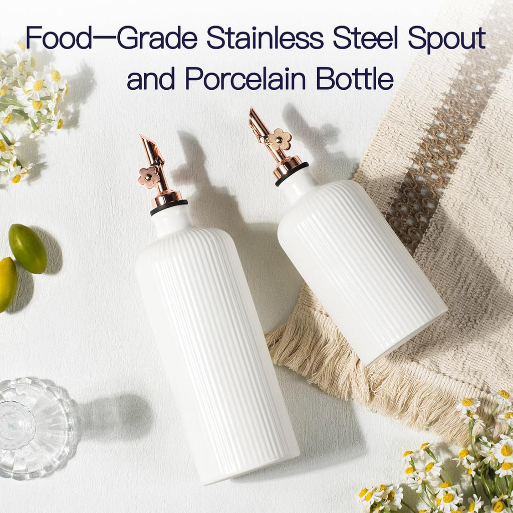 Olive Oil Dispenser Bottle (22 Oz + 14 Oz) - Porcelain Oil and Vinegar Bottles with Stainless Steel Spout - Set of 2