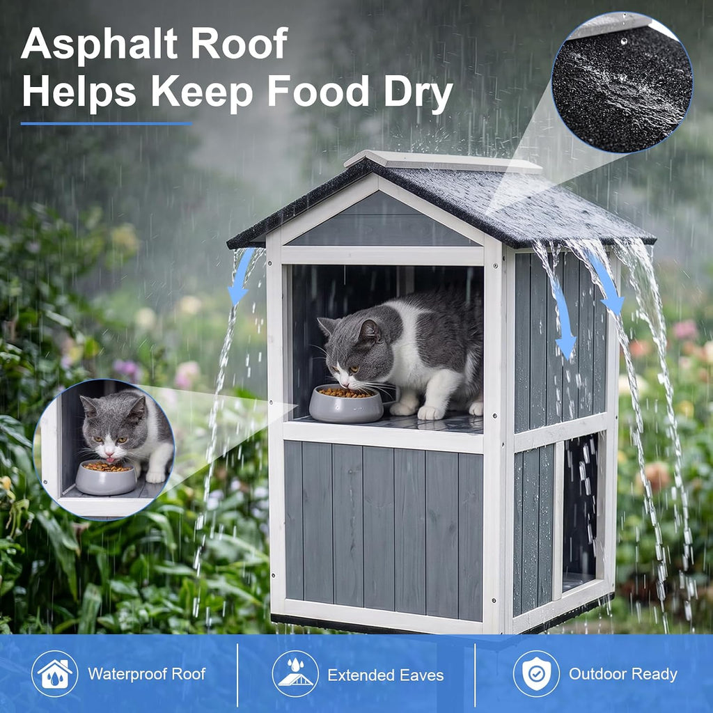 2 Story Outdoor Cat Feeding Station & Shelter, Weatherproof Elevated Feral Cat House with Steel Stand, Feeding