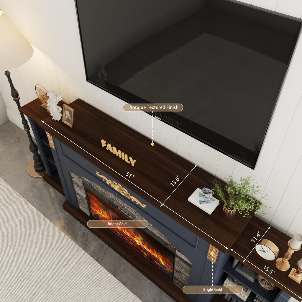80" Fireplace TV Stand with Mantel, Navy Blue Entertainment Center with Brown Wood-Look Top & Gold Carved Accents