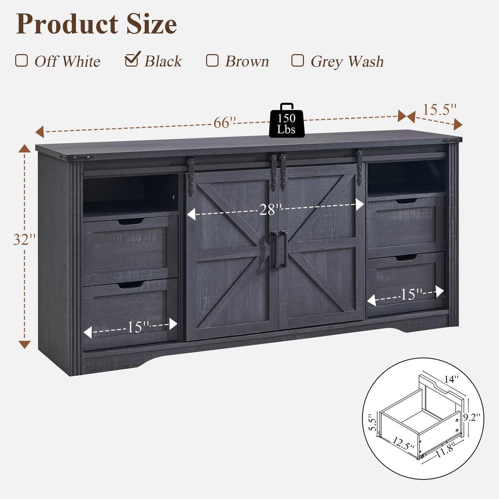 Farmhouse 66"TV Stand for 75+ Inch TV, 32"H w/4 Drawers & Sliding Barn Door