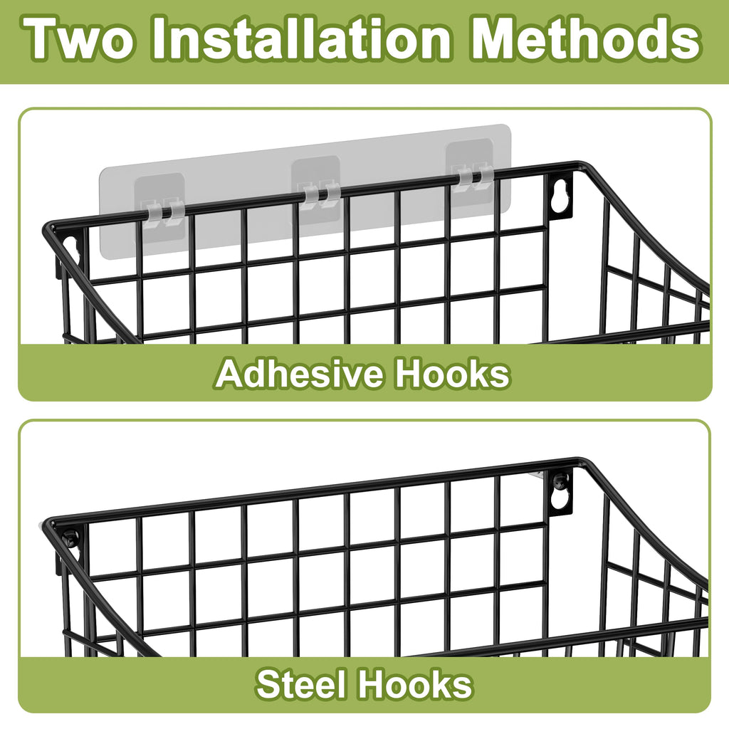 Wall Mounted Bin Basket with 5 Hooks 3 Label Plate Adhesive-3 Pack, Cabinet Hanging Metal Wire Basket, Rustic