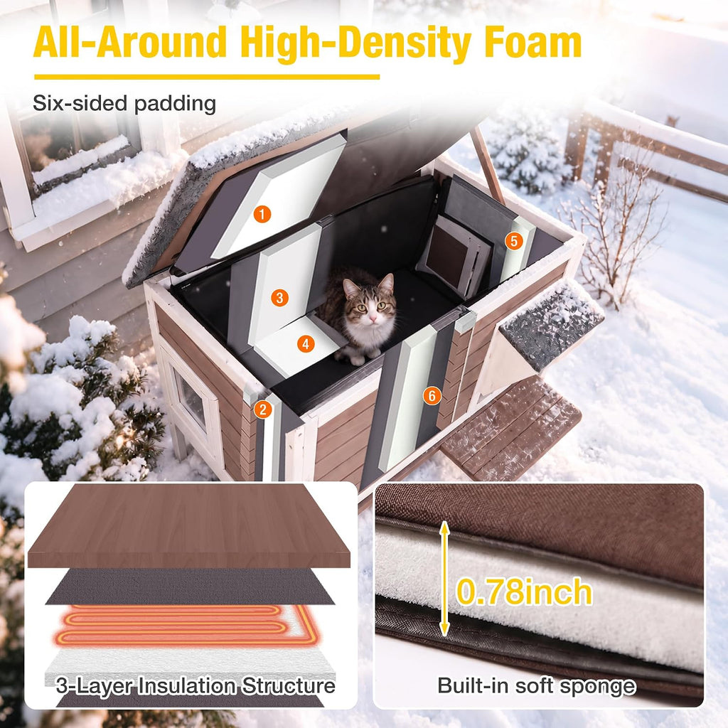 Heated Cat House with Insulated Liner, Large Feral Cat Shelter for Winter, Weatherproof Cat Condos for Outdoor Indoor