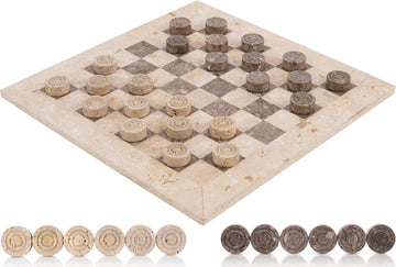 Marble Checkers Set 15 Inches Handmade Travertine & Oceanic