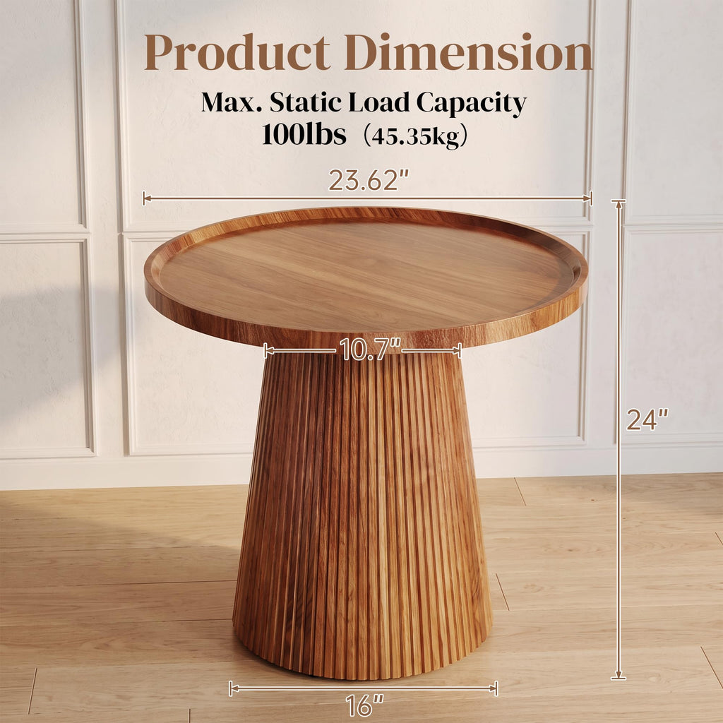 Round Side Table, 23.6'' Fluted Pedestal End Table, Walnut