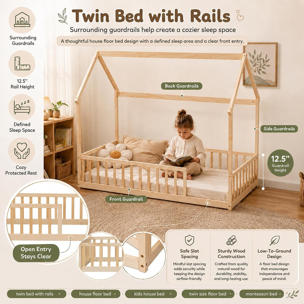 Tw Floor Bed with Roof and Guardrails, No Box Spring, Natural | Pine wood kids floor bed with low design, guardrails