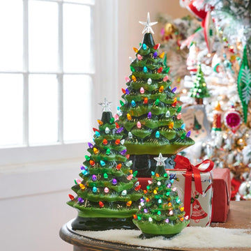 Vintage Green Ceramic Lighted Christmas Tree with Timer - 17-Inch Porcelain Holiday Tabletop Decoration
