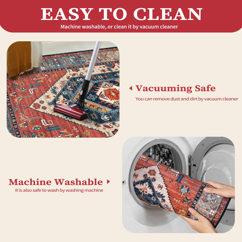 10x14 Washable Non Slip Boho Area Rug, Rust