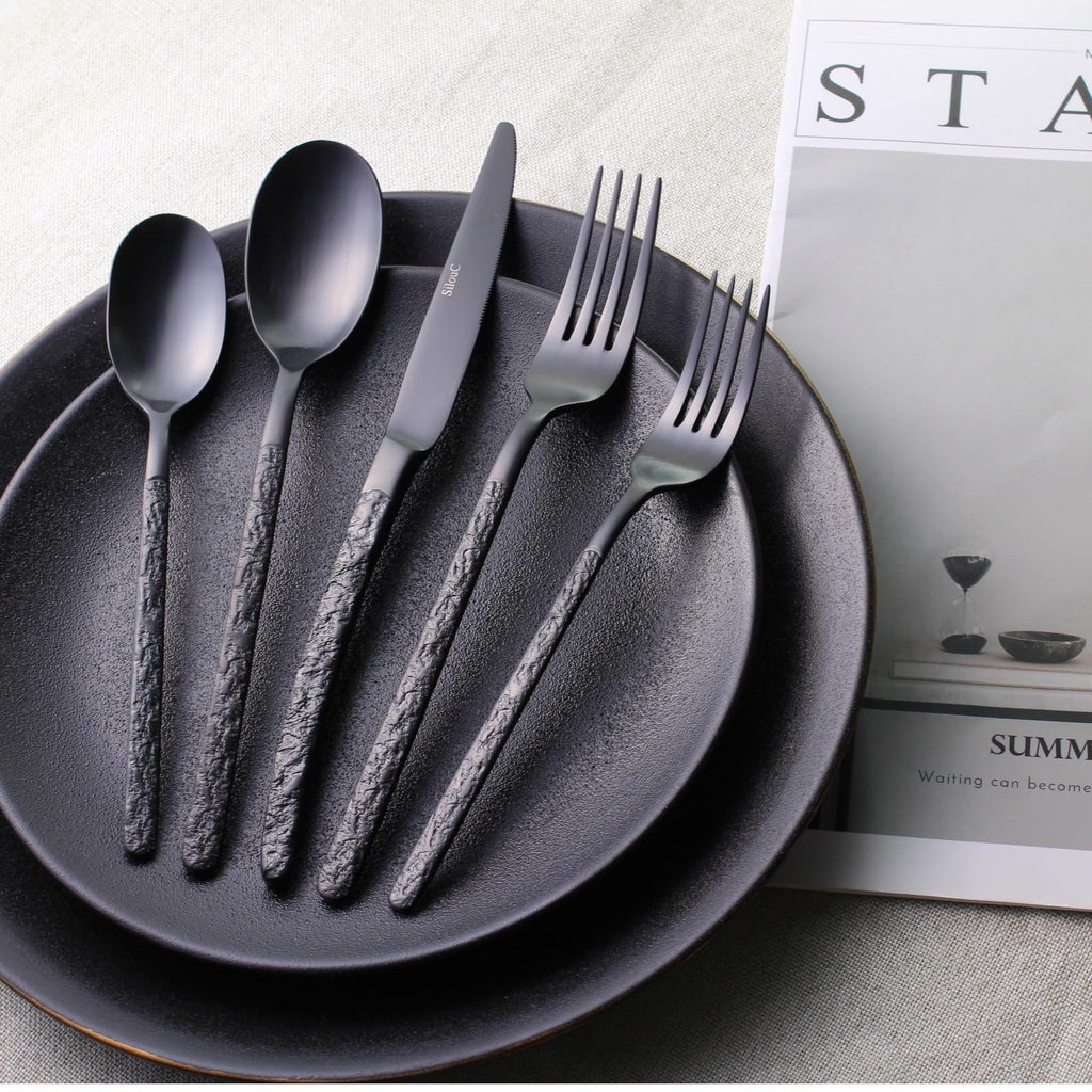 30-Piece Silverware Set, Black Hammered Flatware, Dishwasher Safe