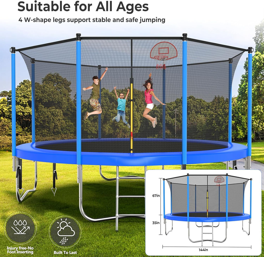 10 12 14 16FT Trampoline Outdoor, Light/Sprinkler/Basketball Hoop | Large Recreational Trampoline for Kids and