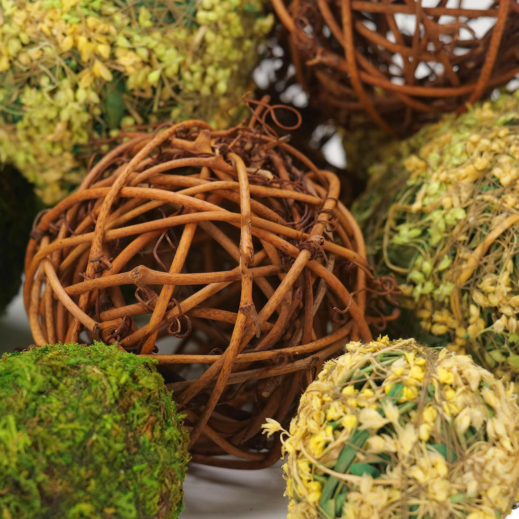 Decorative Balls for Centerpiece Bowls, Fake Moss Balls + Wicker Rattan Balls Set Vase Bowl Filler Garden - Set of 18