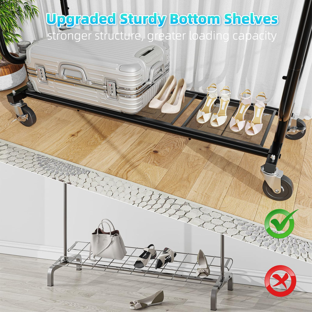 Heavy Duty Clothes Rack, Rolling Clothing Rack With Shelves Load 450 LBS, Double Rod Clothing Racks with Wheels for