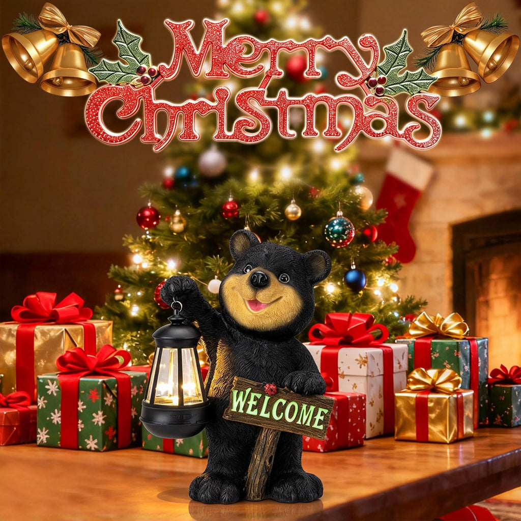 Garden Bear Statue with Solar LED Lantern, Luminous Welcome Sign, Gifts for Christmas Yard Art, Whimsical Figurine