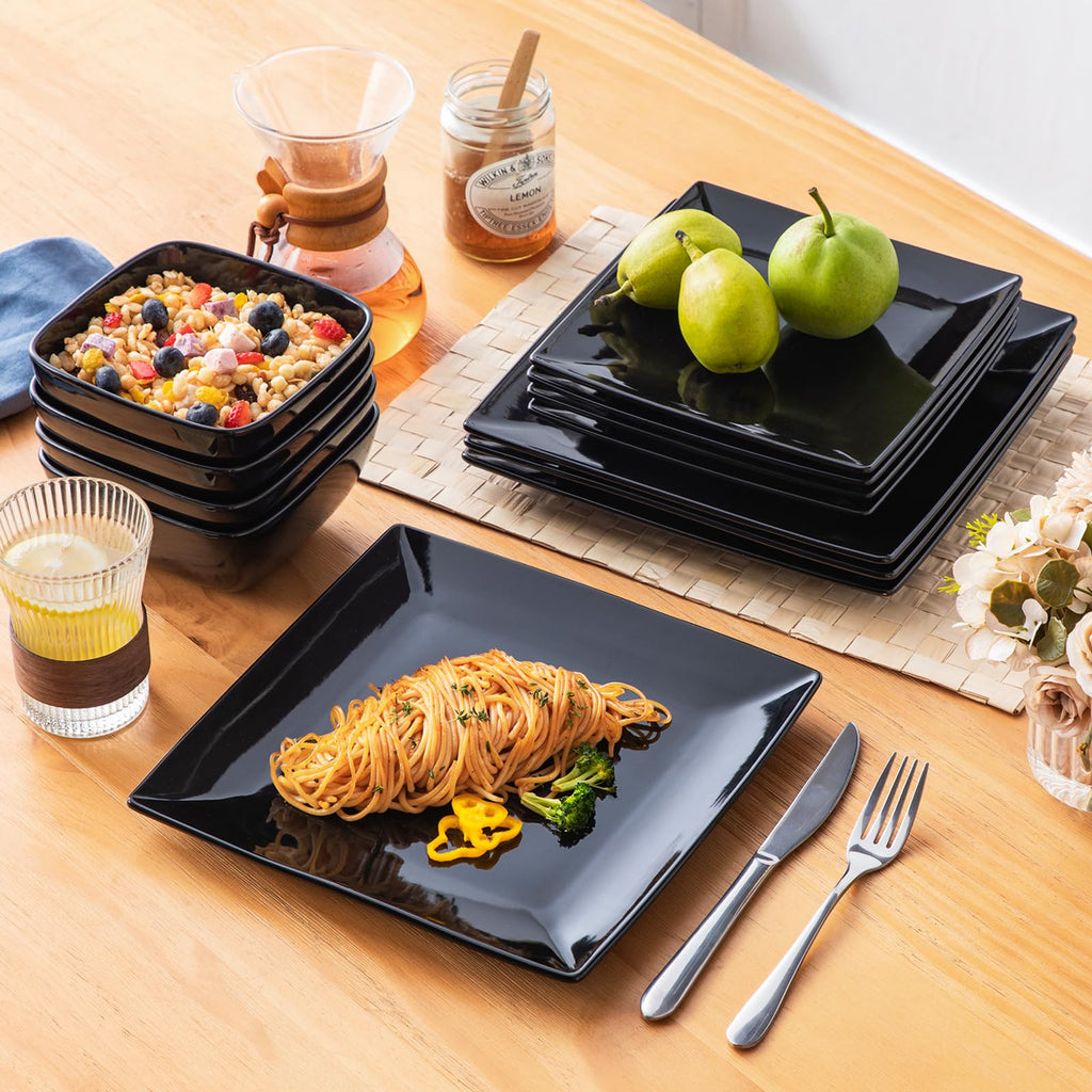 Soho Dinnerware Sets 12 Pieces, Black Stoneware Square Place Setting, Plates and Bowls Sets, Dinner Plate, Dishes Set