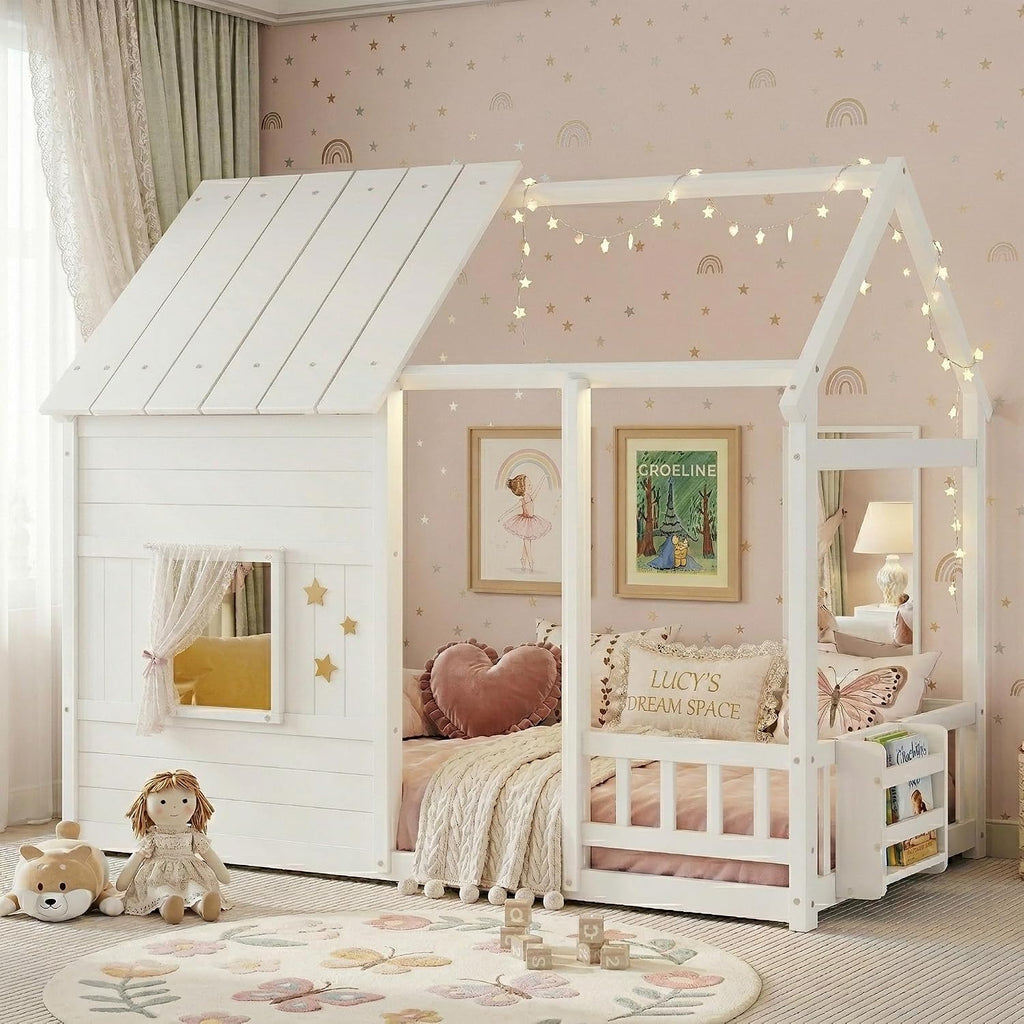 Tw Bed with LED Light and Bookcase, White House Bed for Kids with Rails, Roof and Window, Wood Twin Montessori Floor