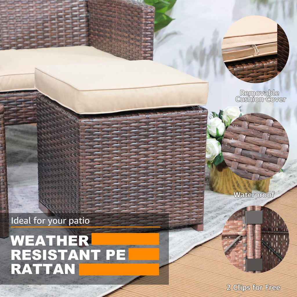 2 Pieces Assembled Outdoor Patio Ottoman, Dark Brown Wicker, Beige