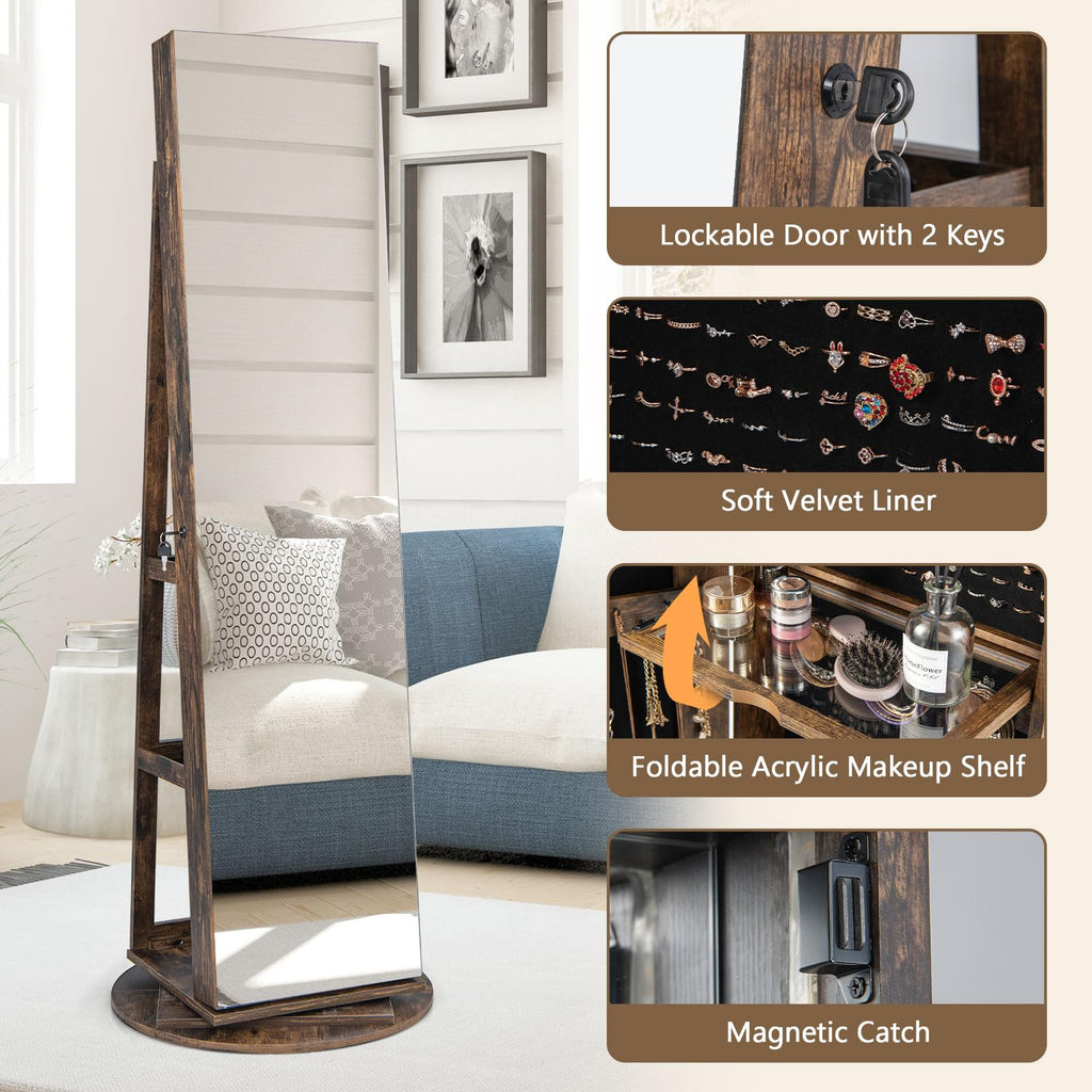 360° Rotating Mirror Jewelry Armoire, Freestanding Jewelry Organizer w/ 3-Color Lights, Full-length Mirror w/Jewelry