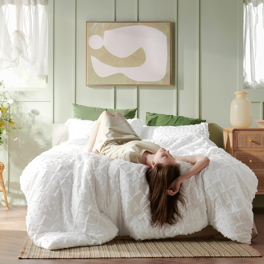 Queen Comforter Set - White Comforter, Boho Tufted Shabby Chic Bedding Comforter Set for Kids