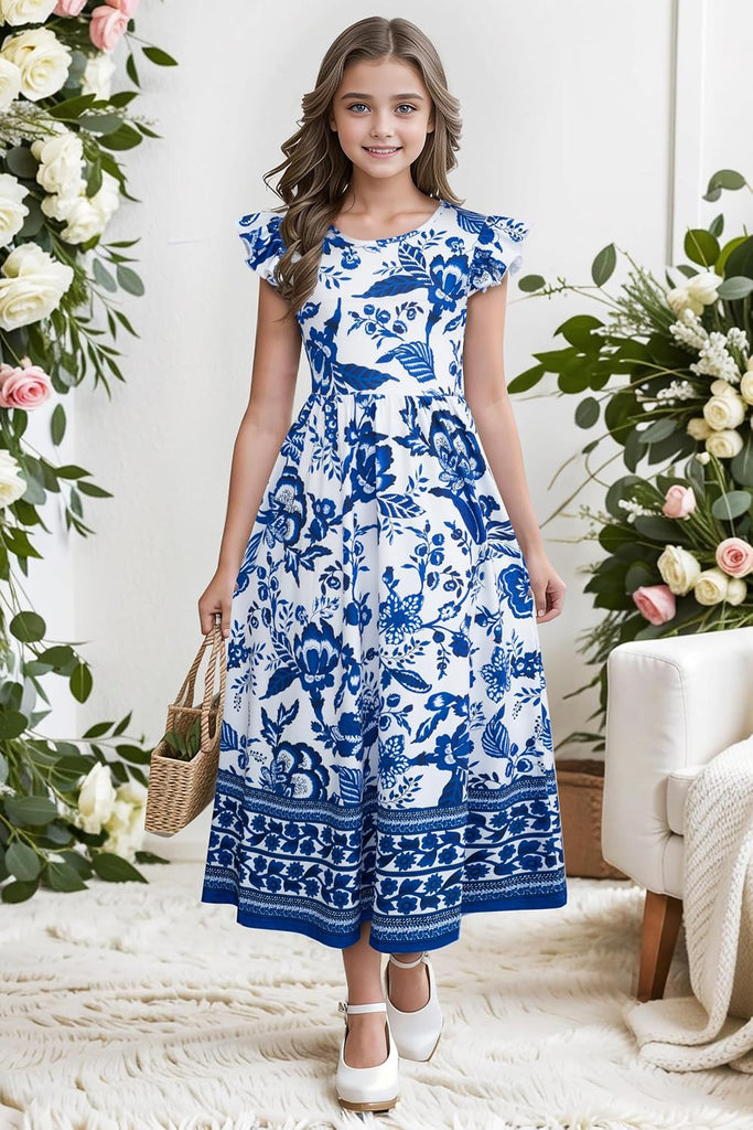 Girl's Summer Boho Floral Flutter Sleeve Casual Maxi Dress
