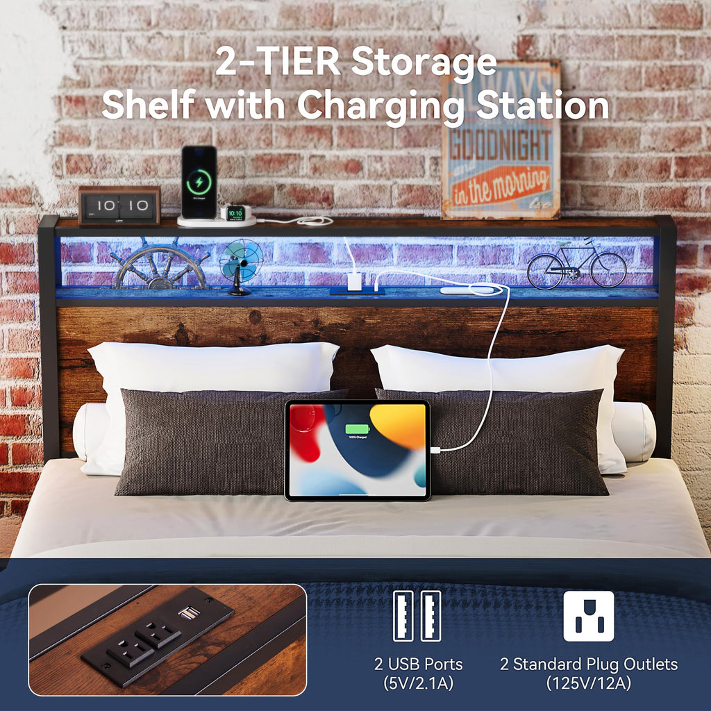 Bed Frame with Storage Headboard and Charging Station, Metal Bedframe with LED Lights, Platform Bed