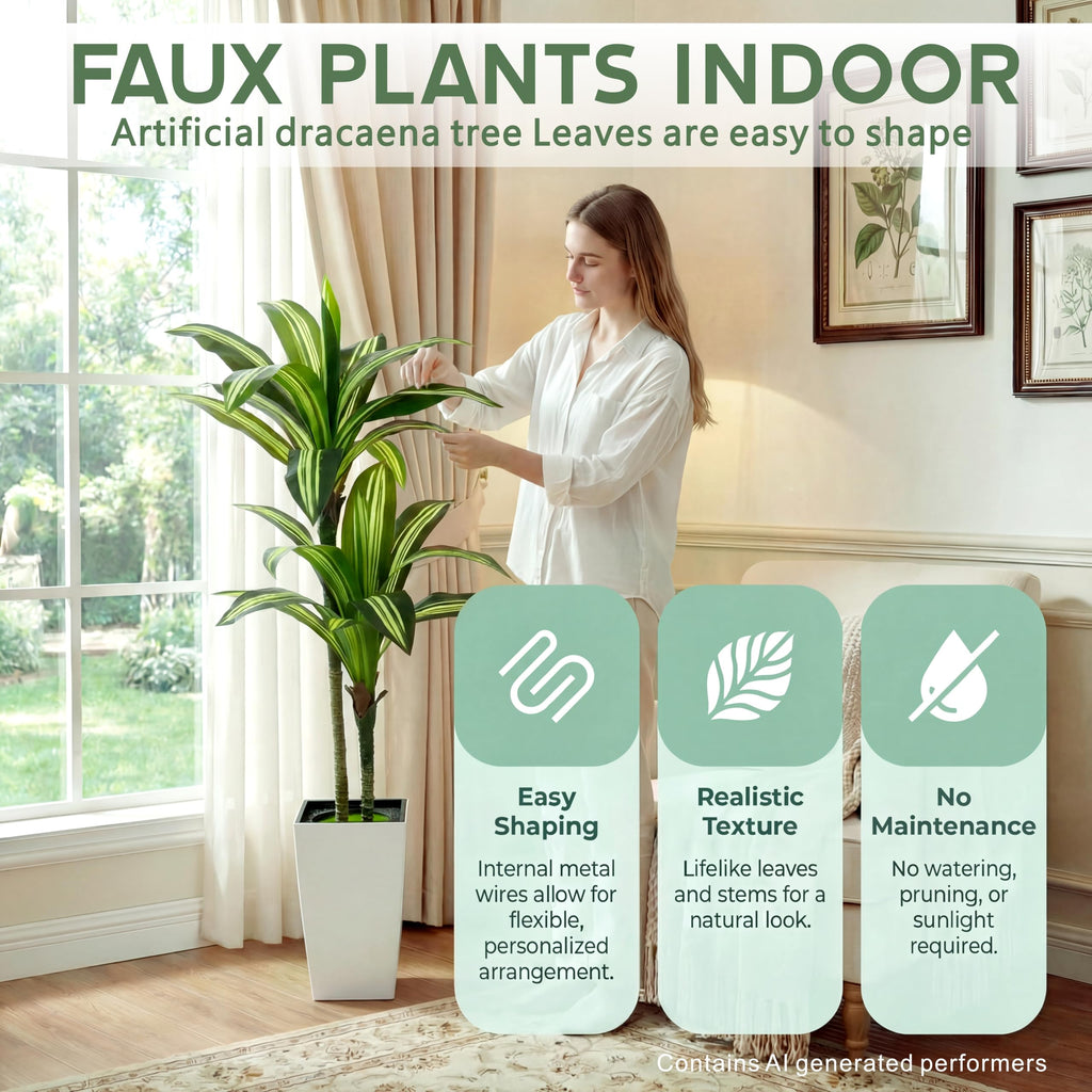 5FT Dracaena Artificial Plant, with White Tall Planter
