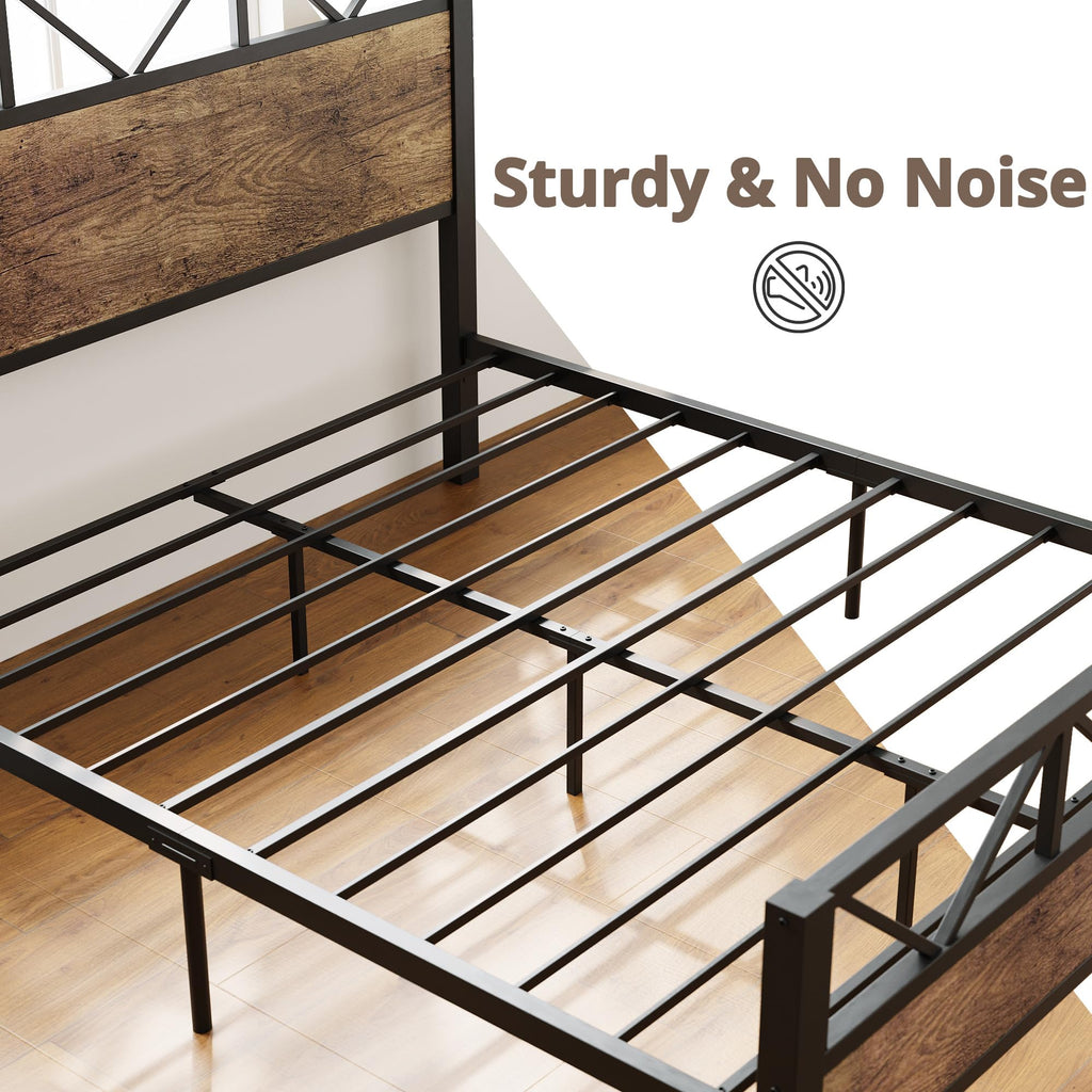 Bed Frame, Tall Industrial Headboard 51.2 ", Platform Bed Frame with Strong Metal Support, Solid and Stable