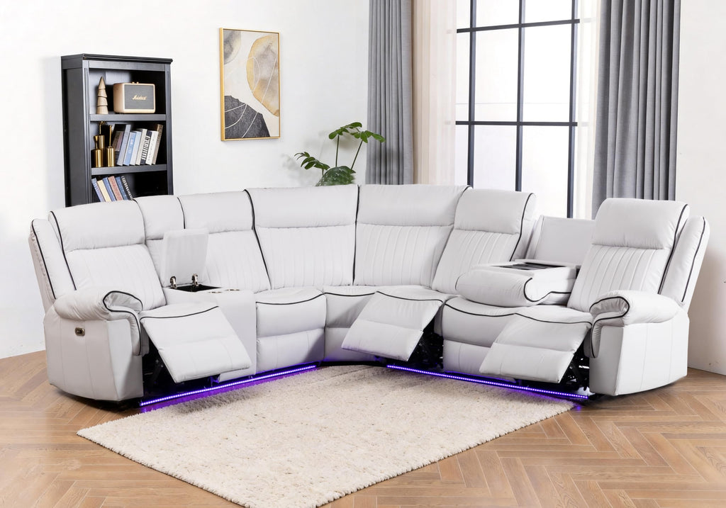 Power Reclining Sectional Sofa Faux Leather LED Strip Speaker White