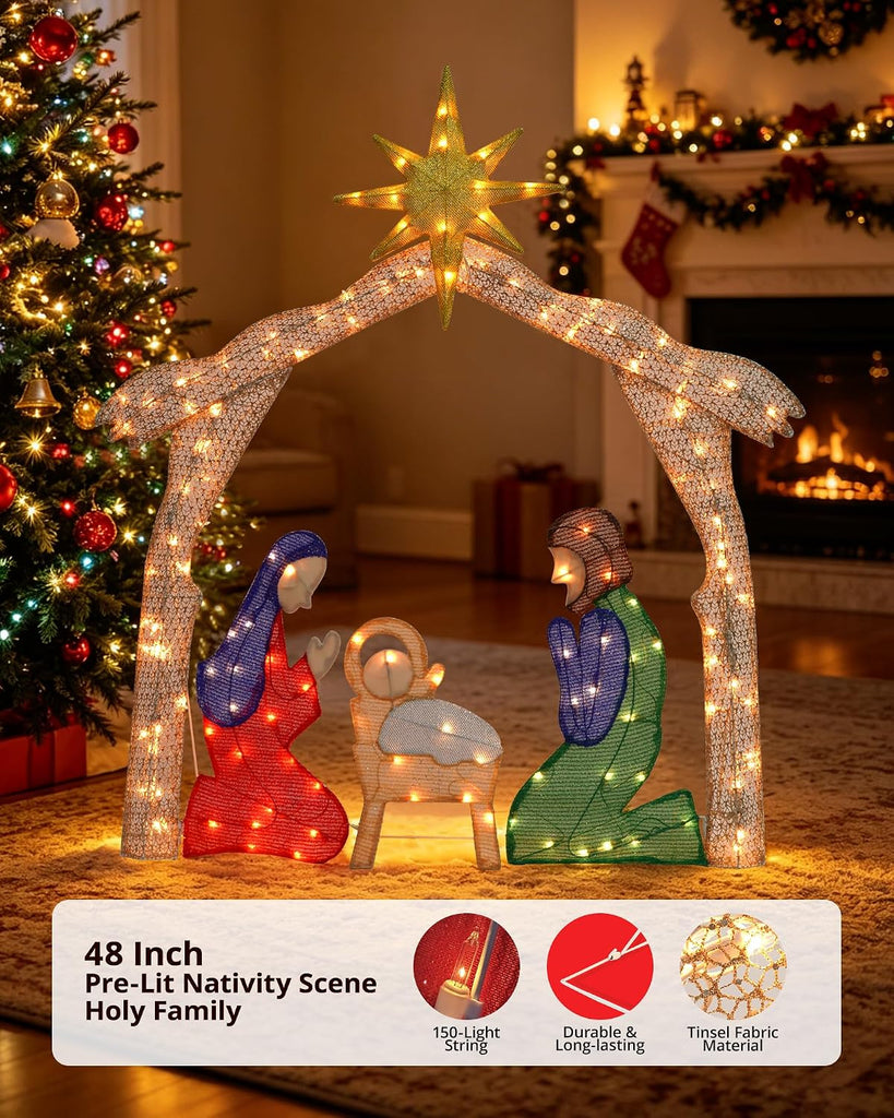4FT Lighted 2D Outdoor Nativity Scene, Christmas Holy Family Set Decoration