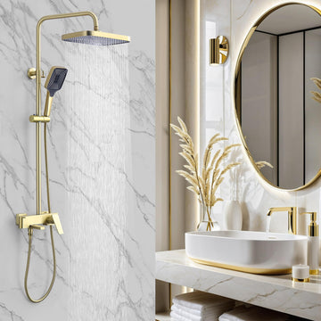 Shower Systems with 12 x8 Inches Rain Shower Head,Brushed Gold Exposed Pipe Shower System,3 Functions Tub Shower