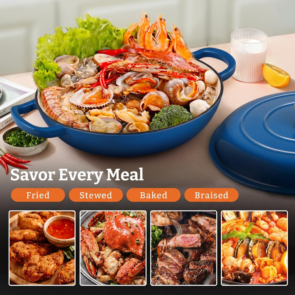 Cast Iron Dutch Oven, 3.8 Quart, Blue, Shallow Braiser & Casserole