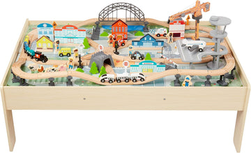120 Piece Wooden Train Set with Activity Table, Sturdy Tracks, Storage Bin, Easy to Assemble, Kids Gift for Age 3Y+