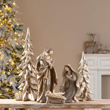 5-Piece Resin Nativity Set, Brown Resin Holy Family with Christmas Trees, Nativity Figurines Sets for Christmas