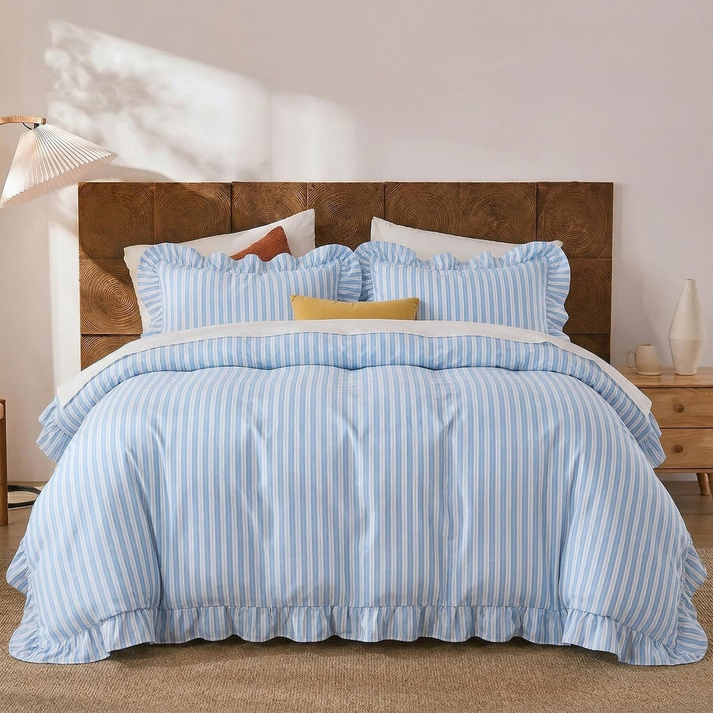 Blue and White Striped Comforter Set, 100% Cotton, Ruffle Trim Comforter Set, Soft Lightweight Breathable
