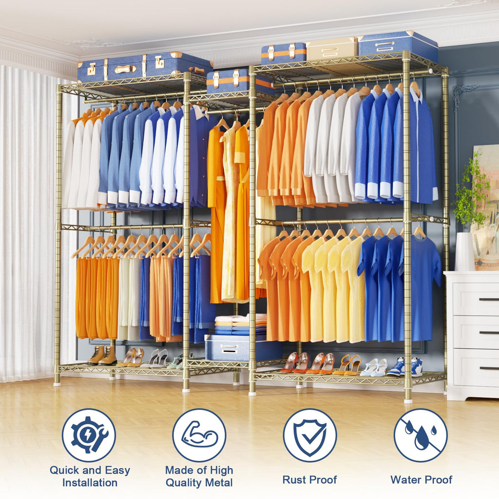 E12 Pro Clothes Rack, Heavy Duty Freestanding Garment Rack with Shelves, Metal Clothing Closet Storage System for