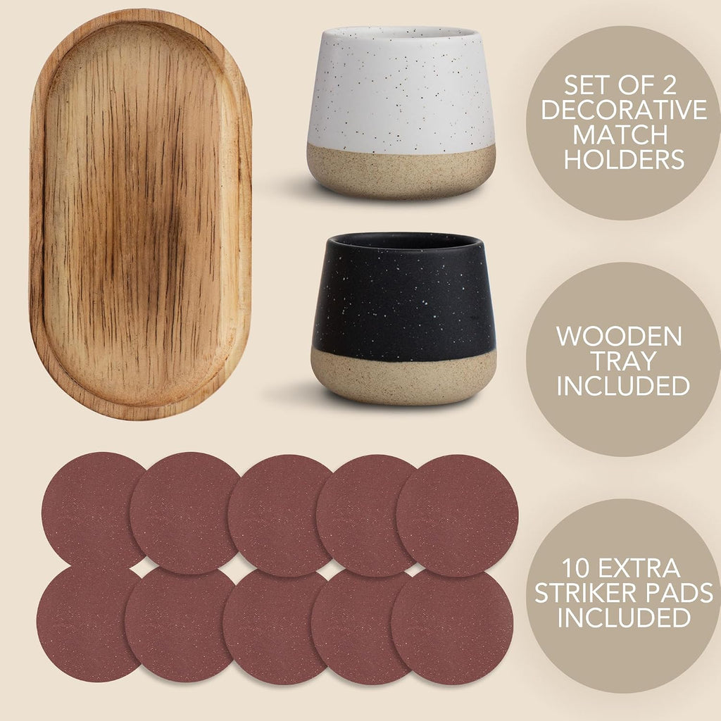 Decorative Ceramic Match Holder with Wooden Tray with Striker - Set of 2