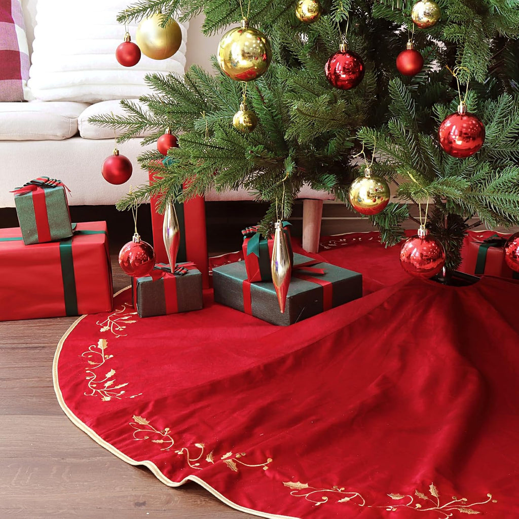 Christmas Tree Skirt, 60 Inch Red Christmas Tree, Large Rustic Velvet Fur Plush Tree Skirts, Xmas Tree Skirts