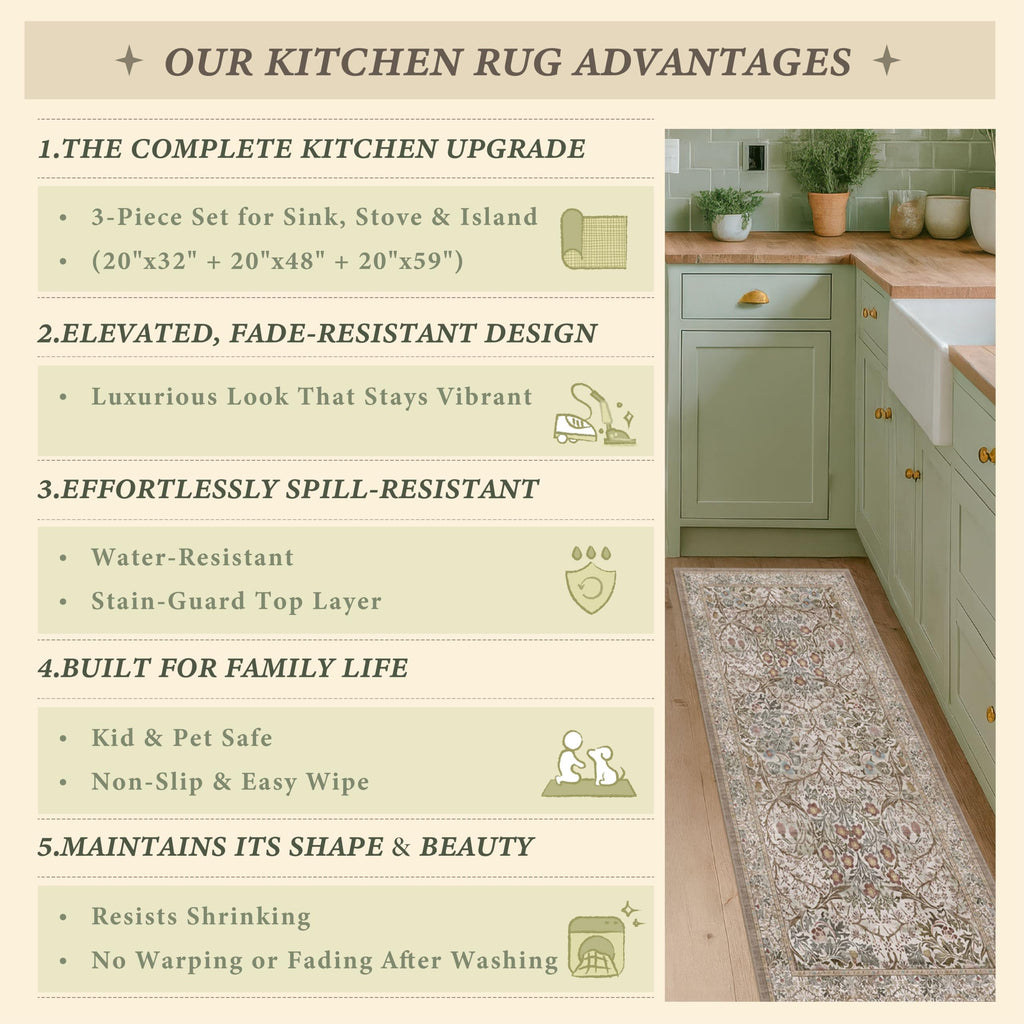 Kitchen Rugs Set of 3, Forest Vintage Kitchen Mats, Washable Runner