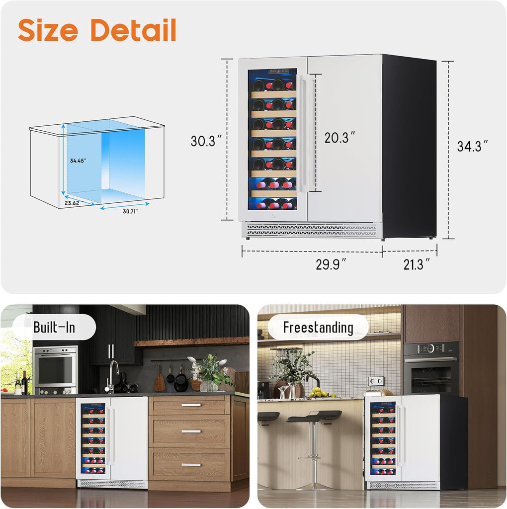30 Inch Wine and Beverage Refrigerator, 37 - 64℉ Dual Zone Wine Cooler with Digi