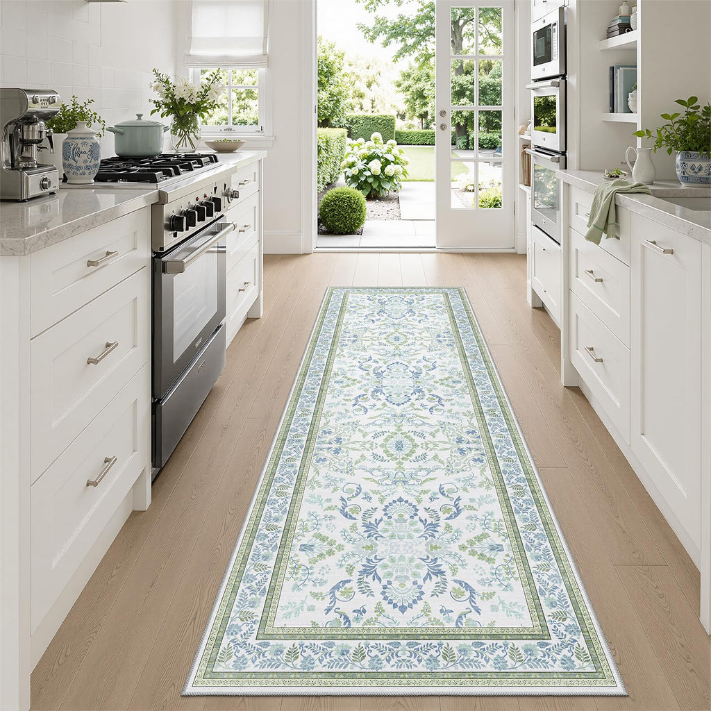 Blue and Green Washable 3x6 Runner Rug