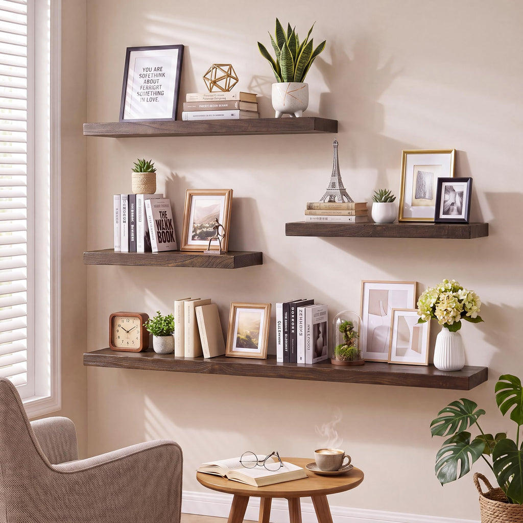 Elm Floating Shelves for Wall - 40" W x 9.3" D Rustic Solid Wood Shelves with Invisible Bracket, Wall-Mounted Storage