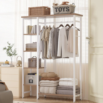 Open Garment Clothing Rack, Free-Standing Heavy Duty Storage Closet with 5 Shelves and Hanging Rod for Small Spaces