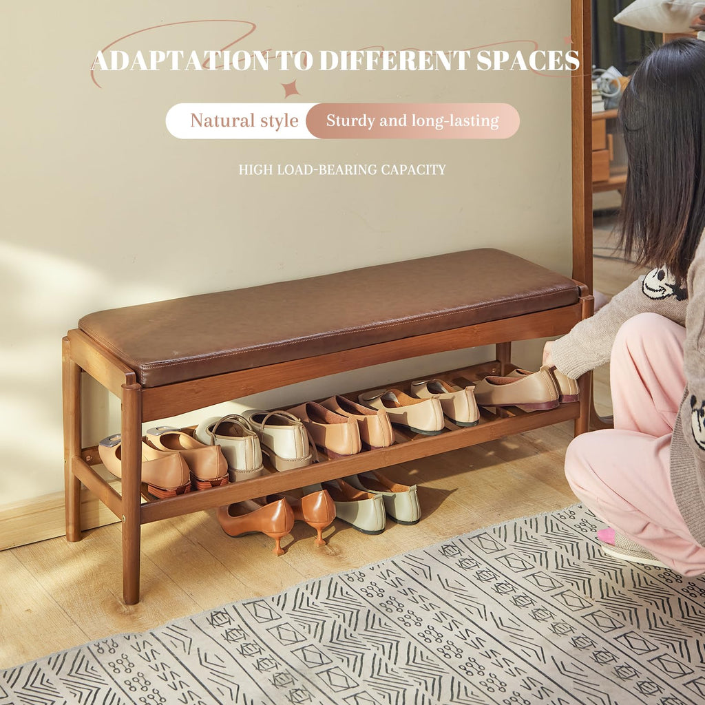 Shoe Rack Bench Entryway Bamboo Shoe Storage Bench with Leather Cushion 2 Tiers Shoe Rack Entryway Bench (Walnut
