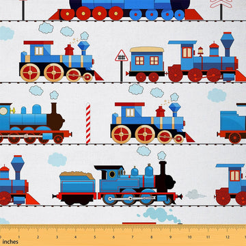 Cartoon Vintage Train Soft Flannel Fabric by The Yard 5 Yards Steam Engine Railway Transportation Upholstery Fabric