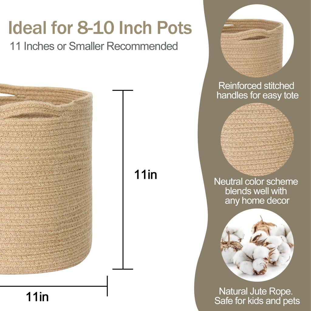 Woven Jute Plant Basket, Wicker Basket Planter for 10 inch Pot, Round Indoor Tree Pot Cover, Small Boho Storage Bin