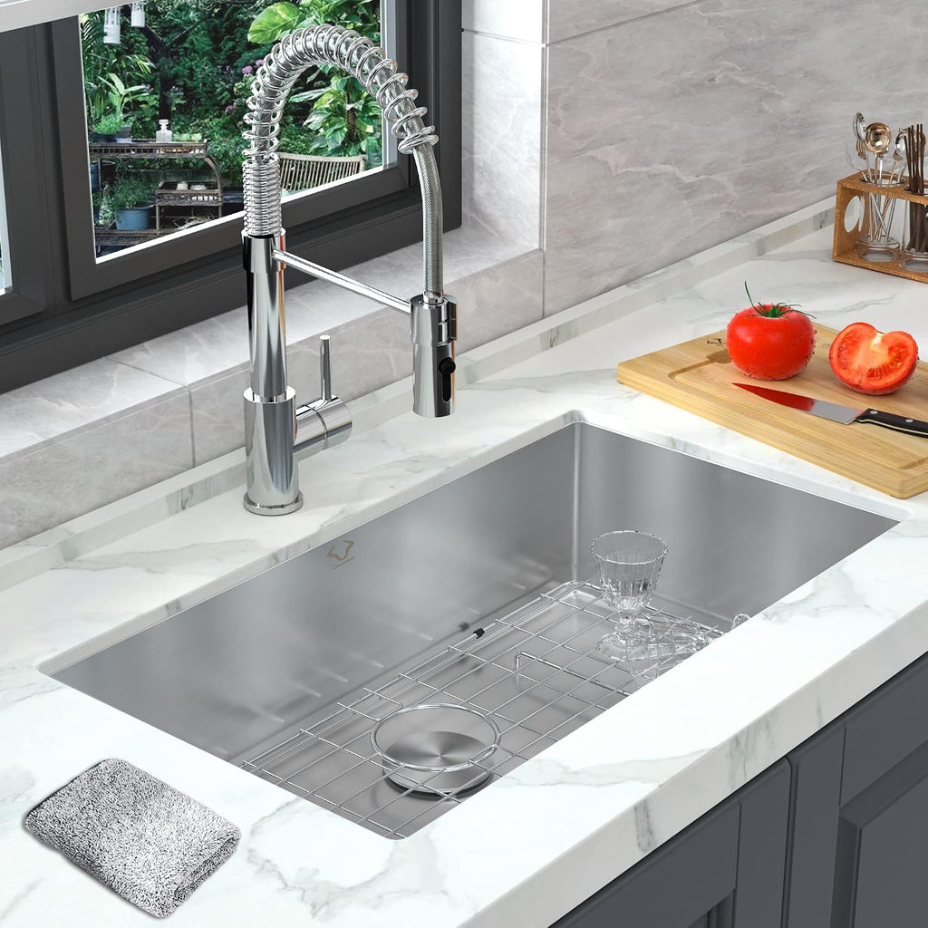 Kitchen Sinks 32x18 Inch Undermount Kitchen Sink Stainless Steel Sink 16 Gauge Single Bowl Set (5 Item Bundle: Sink