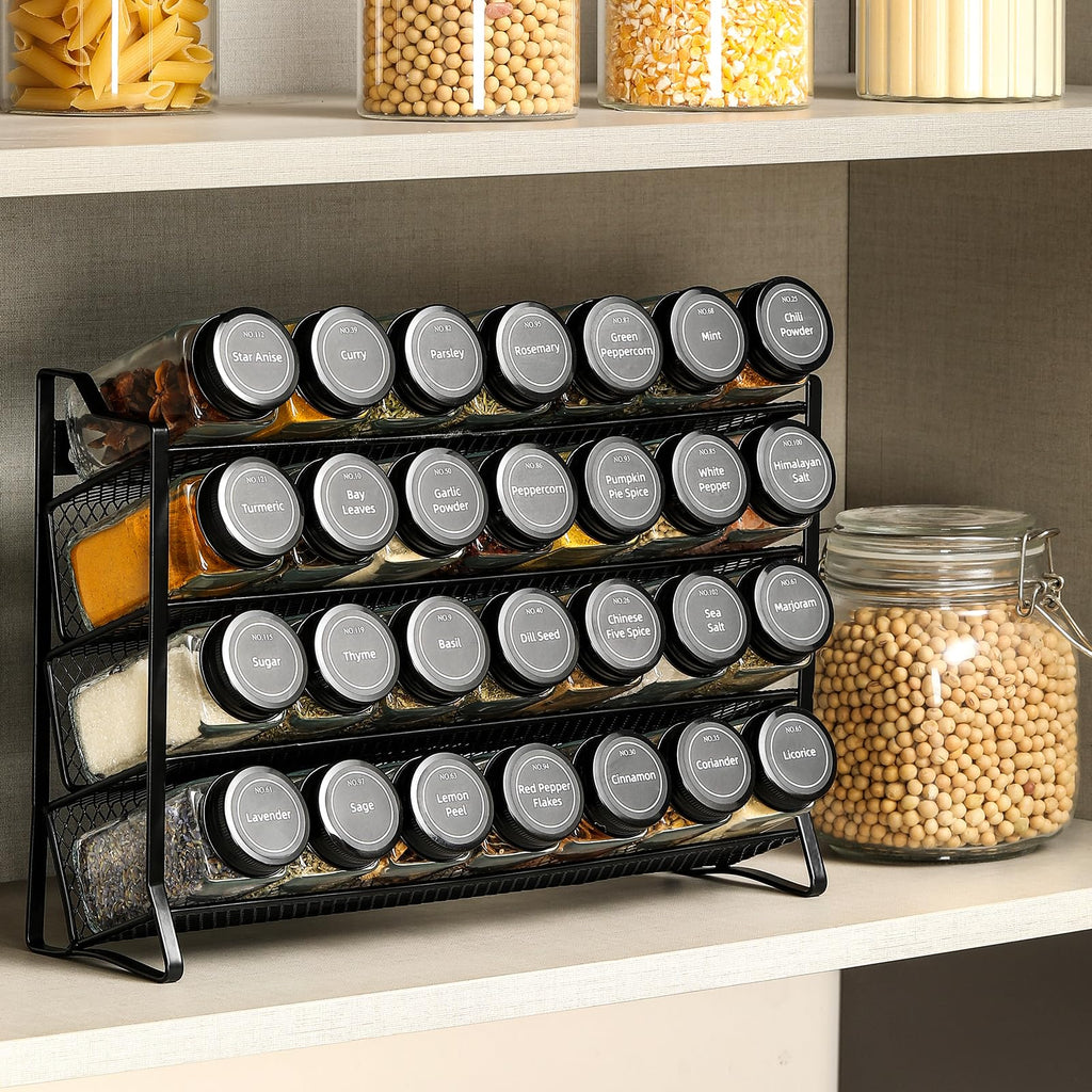 Spice Rack Organizer for Cabinet, Spice Organizer with 28 Empty Spice Jars with Black Lids, Funnel, Spice Labels