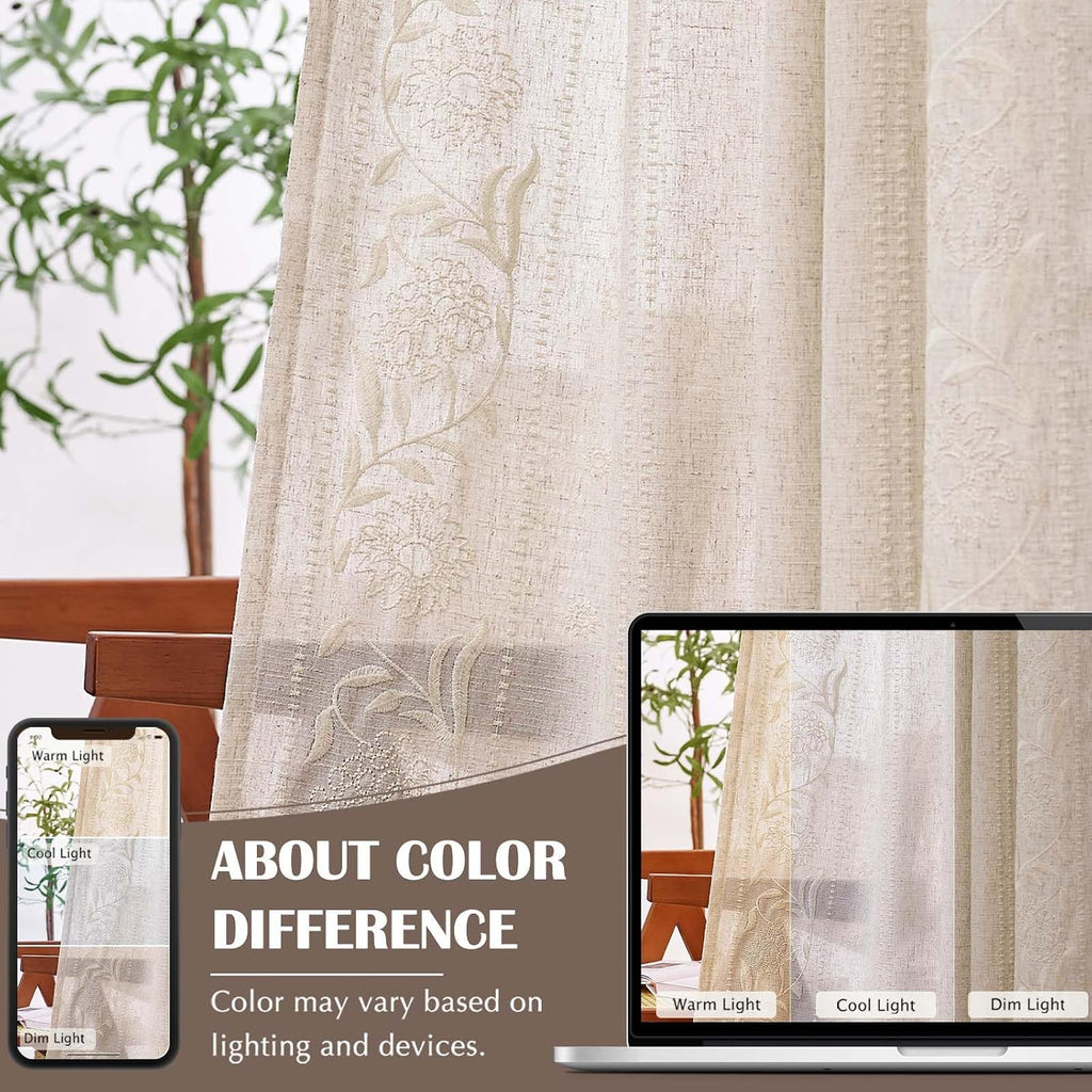 Winslow Linen Curtains for Bedroom 84 Inches Length Embroidered Bordered Floral Curtains for Living Room Farmhouse