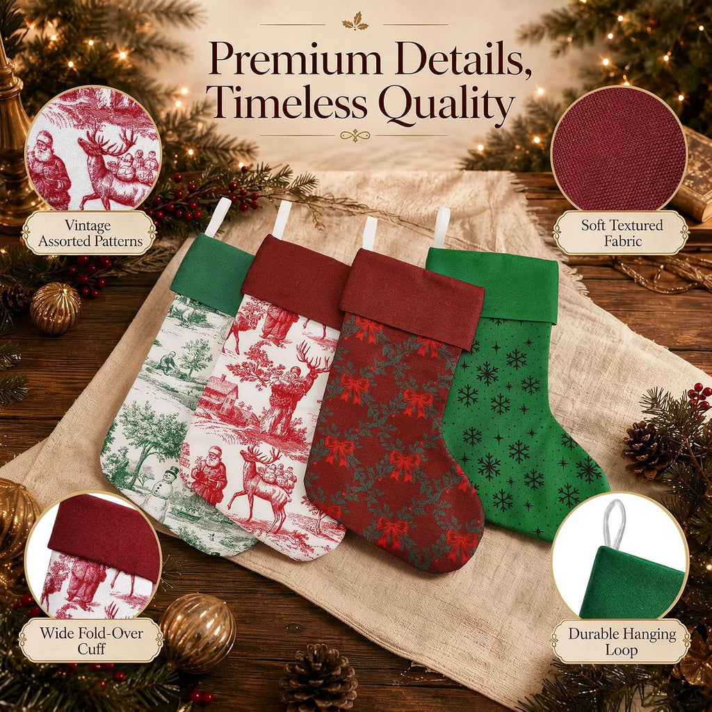 4 Pcs 20" Vintage Christmas Stockings Large Toile Xmas Stockings