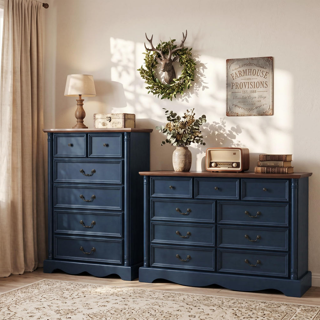 Farmhouse 6 Drawers Dresser, 47" Tall, Blue